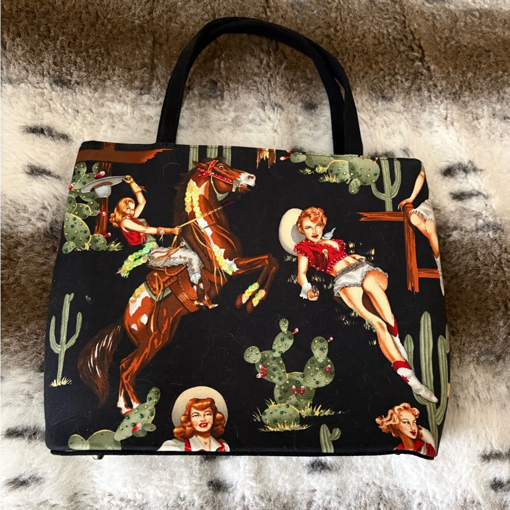 Western Cowgirl Pin-Up Print Sequin Beaded Black Purse